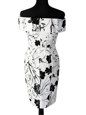Calvin Klein White Dress with Black Floral Print, off the shoulder NWT